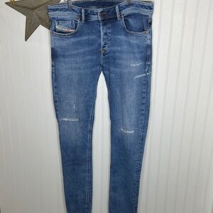 Diesel Men's Distressed Sleenker Blue Skinny Jeans Size 36X34